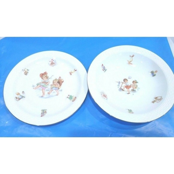 Johann Haviland Child Dishes Bowl Plate Children Playing Gold Trim Bavaria - Picture 1 of 4